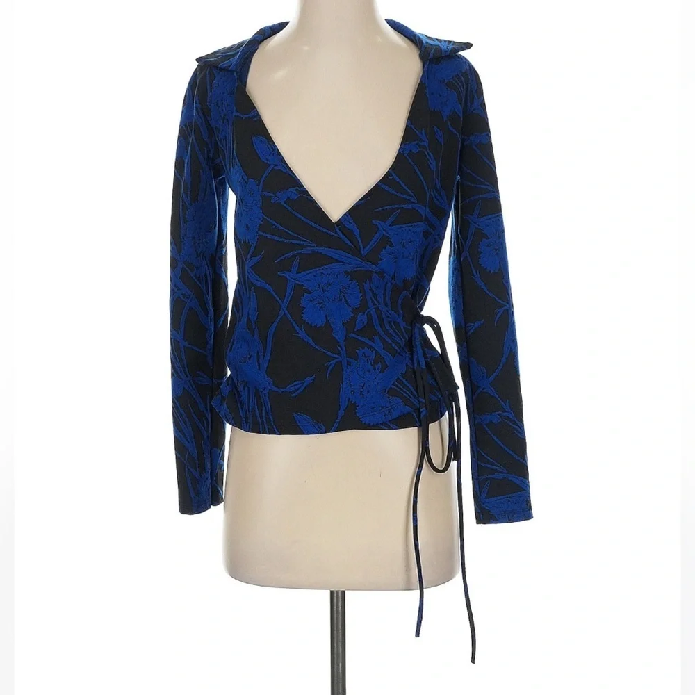 Zara Blue Jacquard Floral Wrap Top Long Sleeve V-Neck Tie Waist Blouse Women XS - Picture 2 of 8